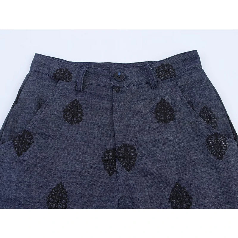YENKYE New 2025 Women High Waist Embroidery Wide Leg Pants Patch Pockets Vintage Casual Female Trousers pantalones de mujer