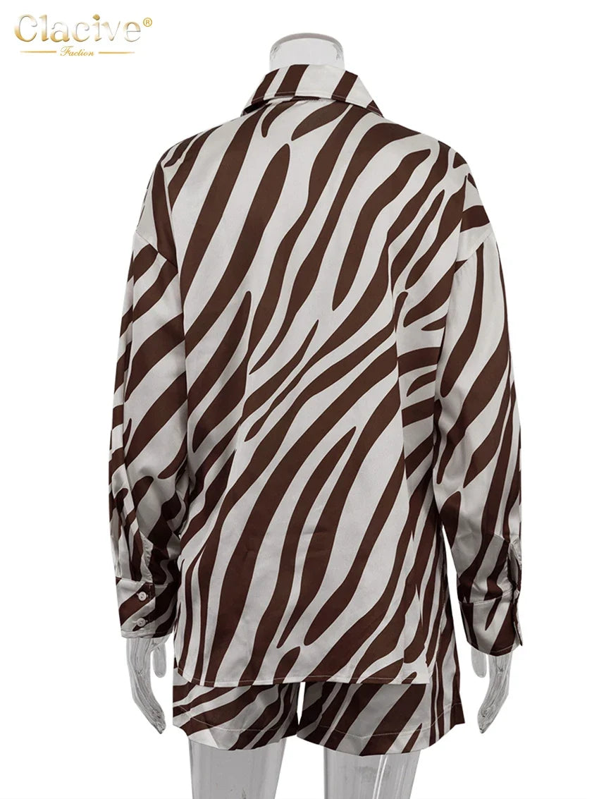 Clacive Fashion Loose Stripe Print 2 Piece Sets Women Outfit 2024 Elegant Long Sleeve Shirt With High Waist Shorts Set Female
