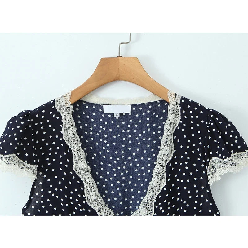 YENKYE 2026 New Women Navy Blue Polka Dot Mini Dress Lace Trim V-Neck Puff Sleeve A-line Summer Dresses Holiday Vestidos