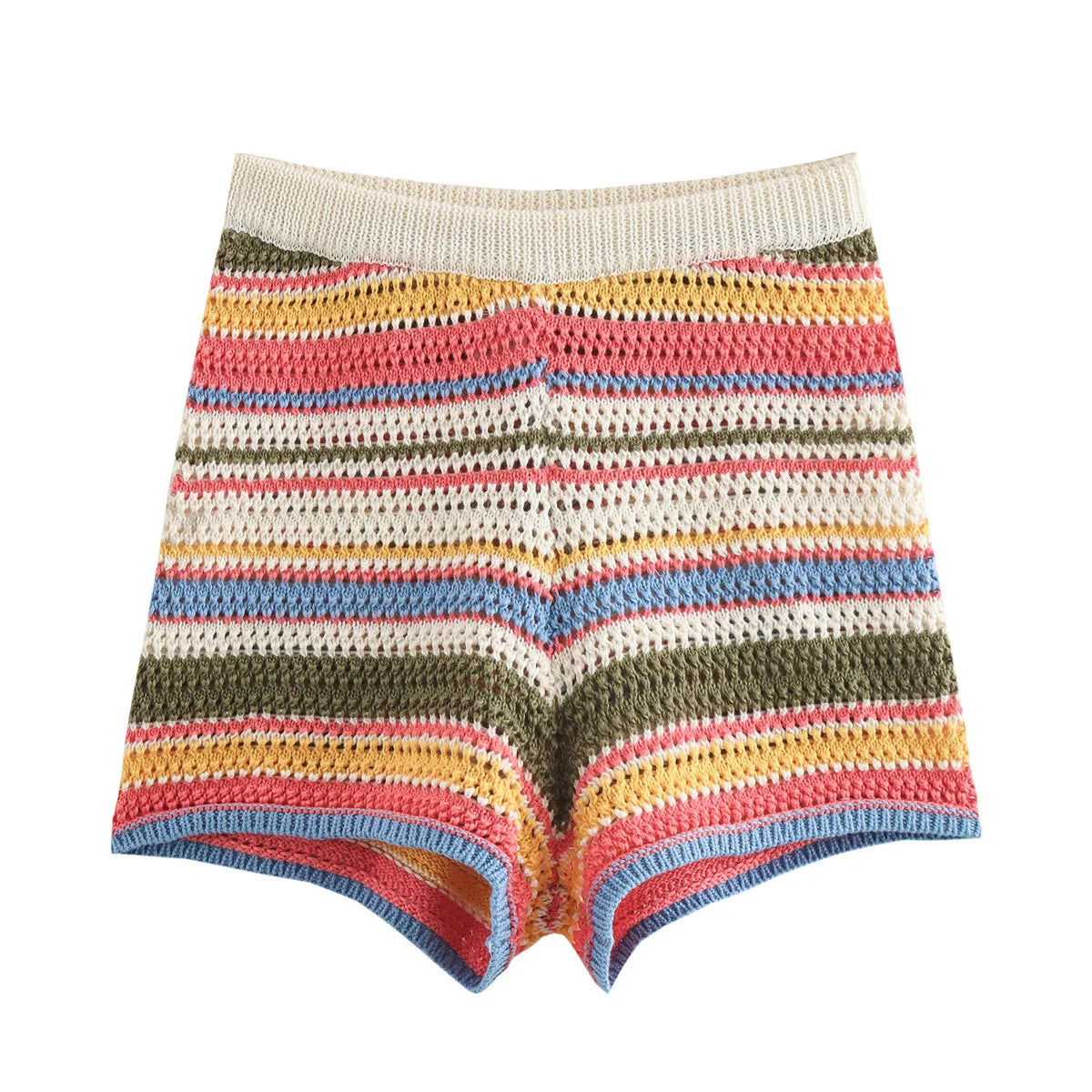 Women Patchwork Striped Hollow Out Crochet Knitted Crop Sweater Shorts Set Short Sleeve Polo Collar Sweater Knit Shorts Suit Y2K