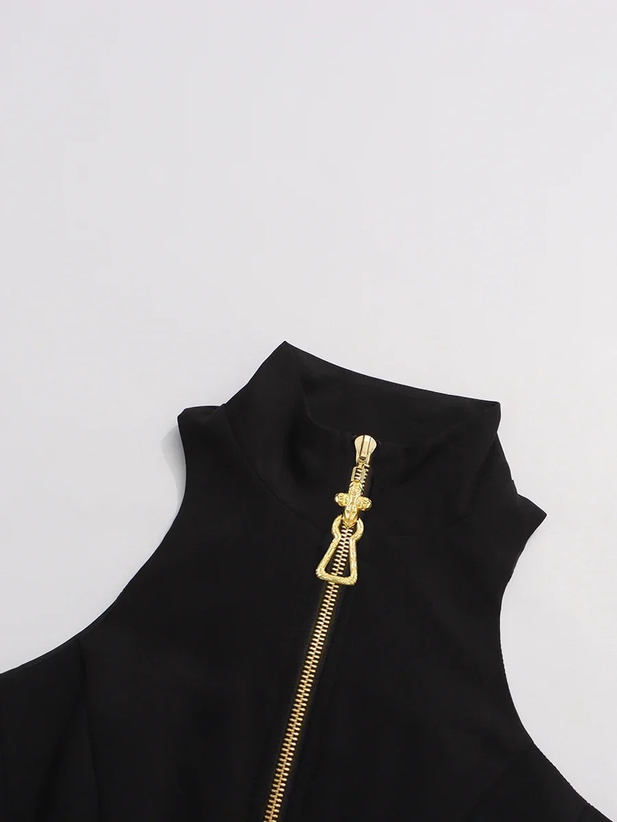 TWOTWINSTYLE Slimming Spliced Zipper Fashion Mini Dresses for Women High Neck Sleeveless High Waist Patchwork Folds Dress Female