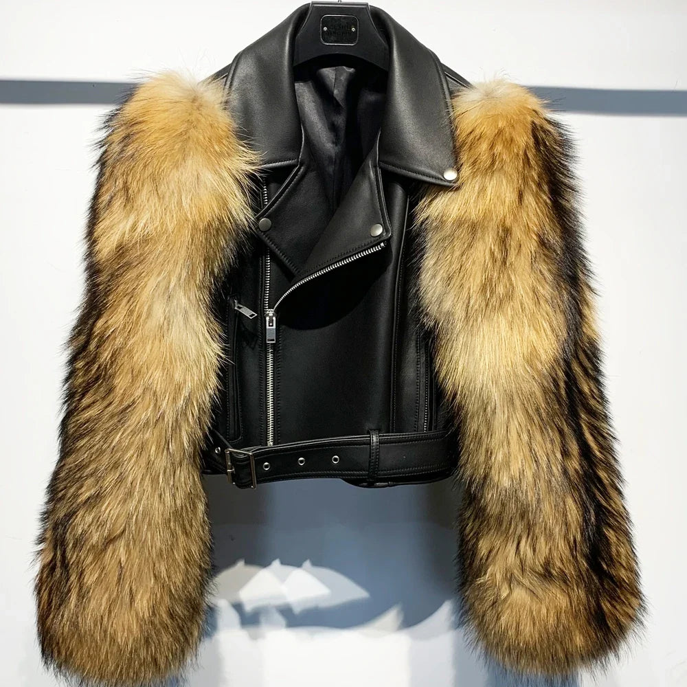 Women Leather Jacket Fur Sleeve Lady Jackets Leather Fur Fox Sleeve Ladies Biker Jacket Leather with Real Fur Sleeve 952-36