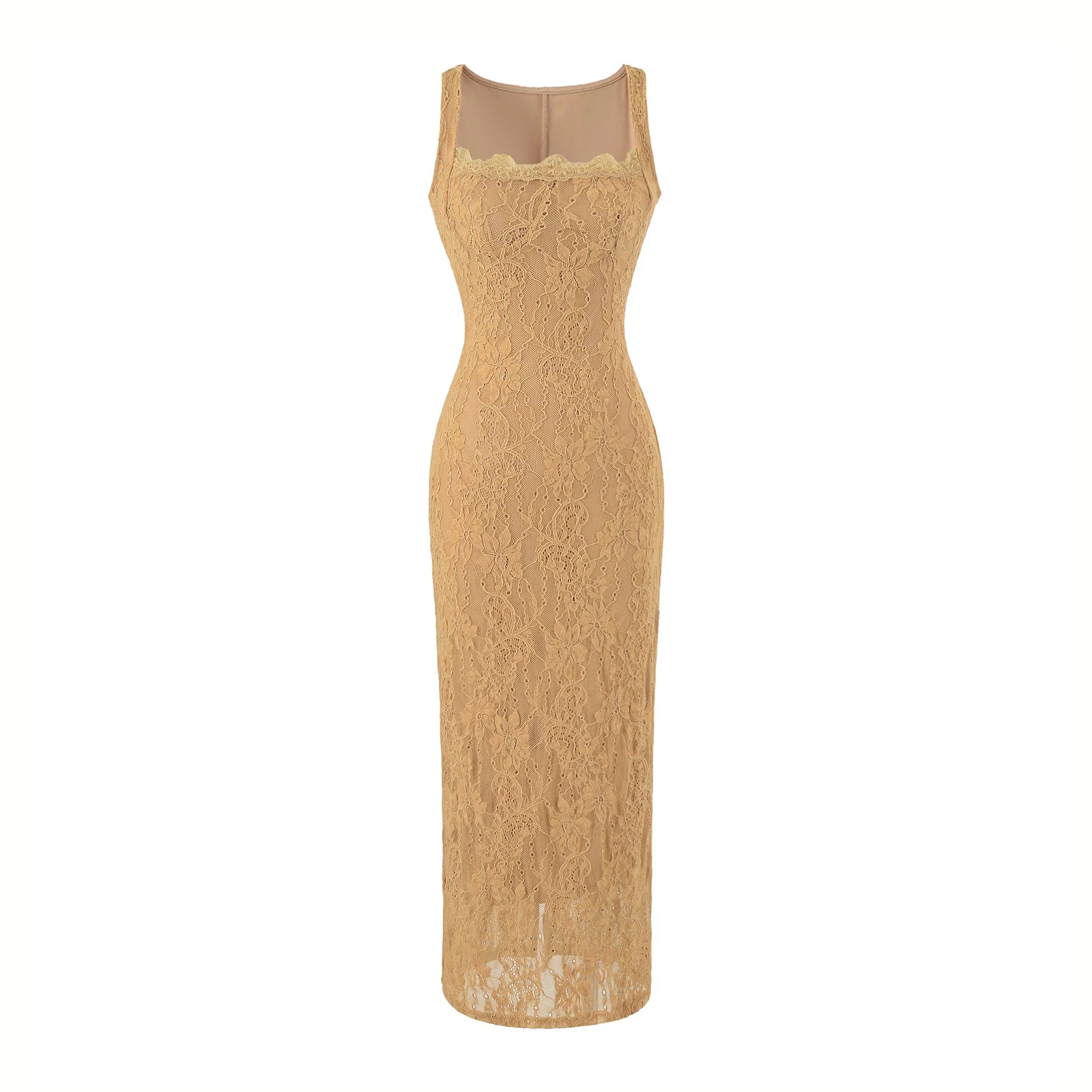 Women Sexy See Through Lace With Lining Sleeveless Dress Square Collar Bra Chest Package Hips Back Slit Long Dresses Robe