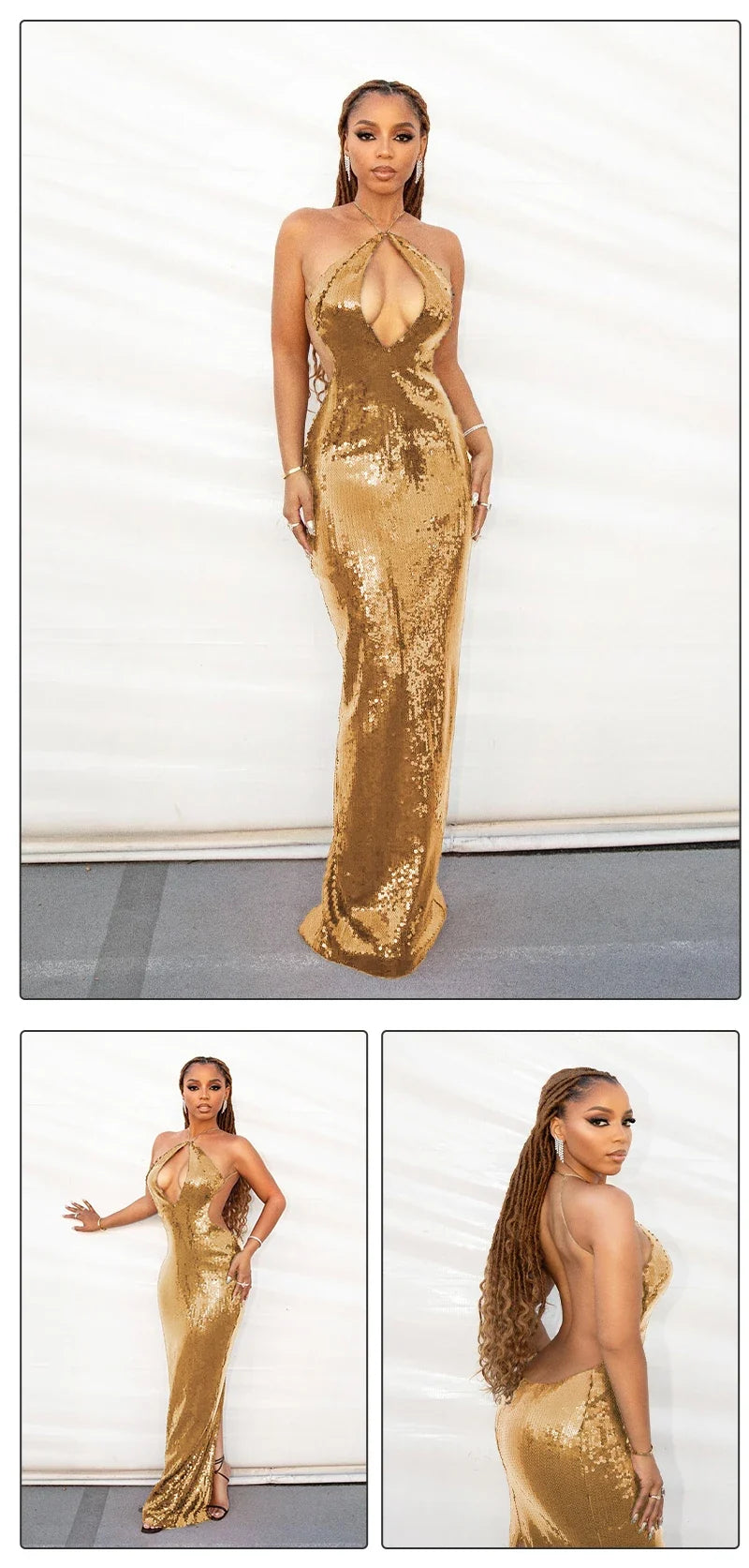VC Women'S Gold Sequins Luxury Party Gown Sexy Backless  Long Dress For Wedding Banquet Party Female Clothing