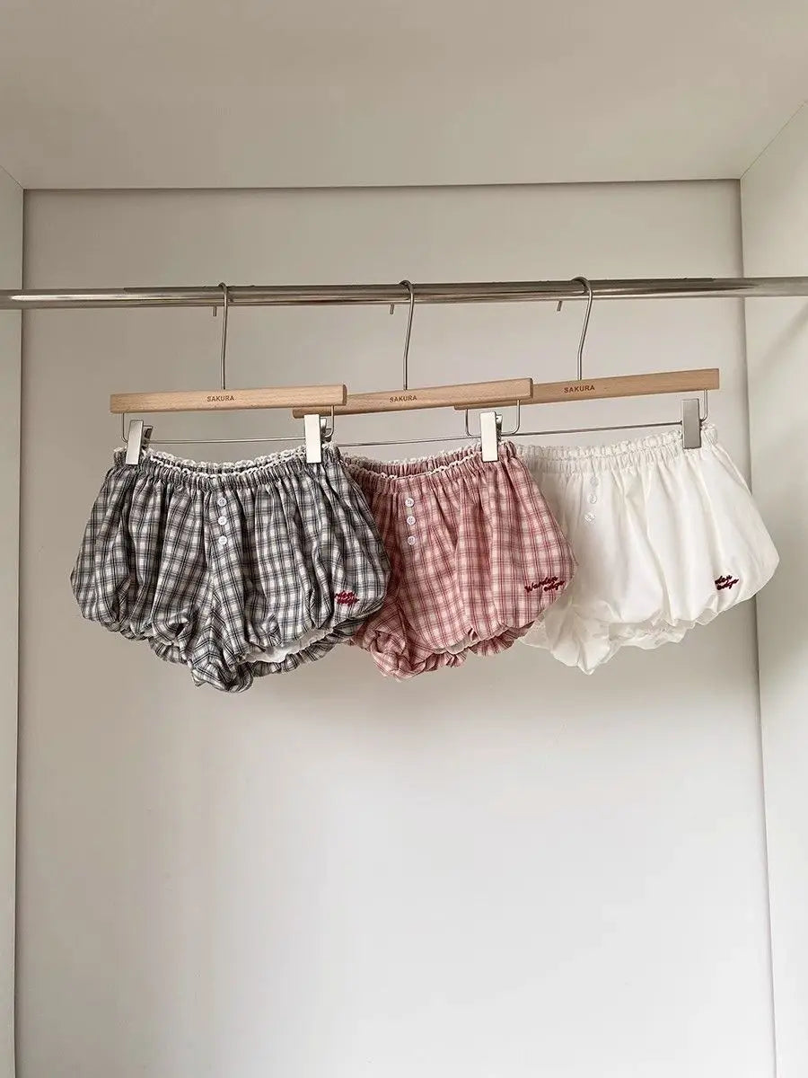 Womens Plaid Bubble Shorts Elastic Waist Bloomer Shorts Casual Short Pants Summer Streetwear