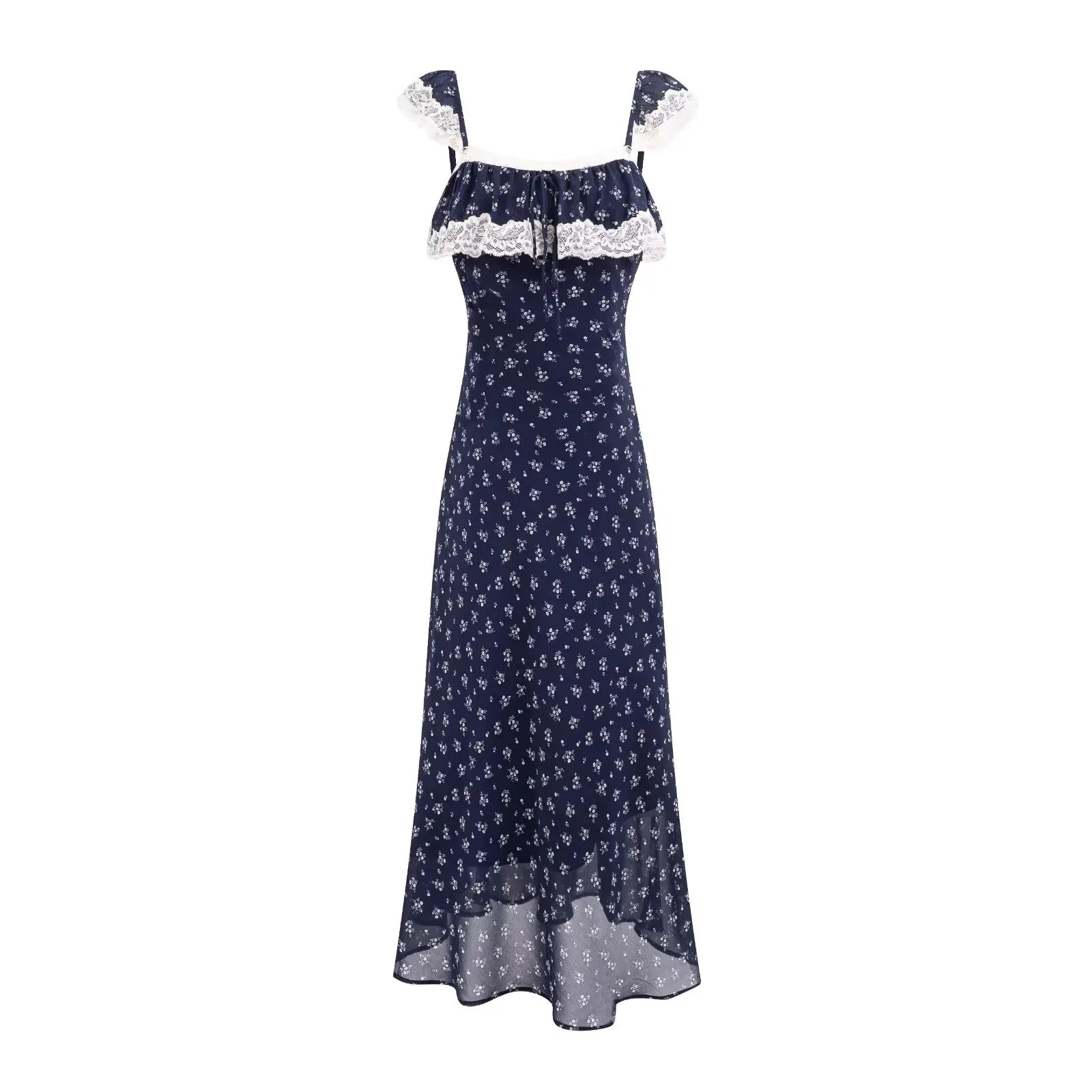 YENKYE Vintage French Style Women's Red Floral Print Dress Lace Ruffle Spaghetti Strap Flowy Vacation Dresses Summer Robe