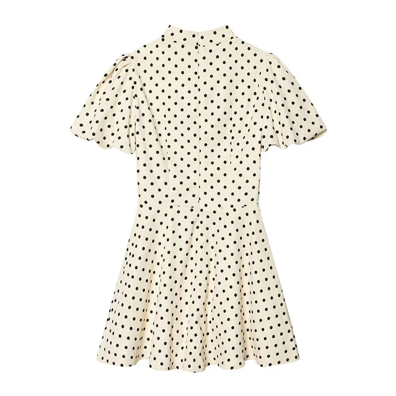 YENKYE European And American French Puff Sleeve Polka Dot Mini Dress Women A-line Slim Summer Elegant Vintage Dresses Daily Wear