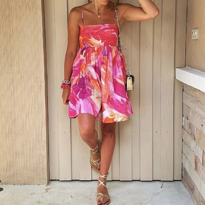 2023 Holiday Tie-dye Flower Print Slash Collar Ruched Chest Mini Sling Dress Sexy Low Back Backless Robe BOHO Summer Vestido