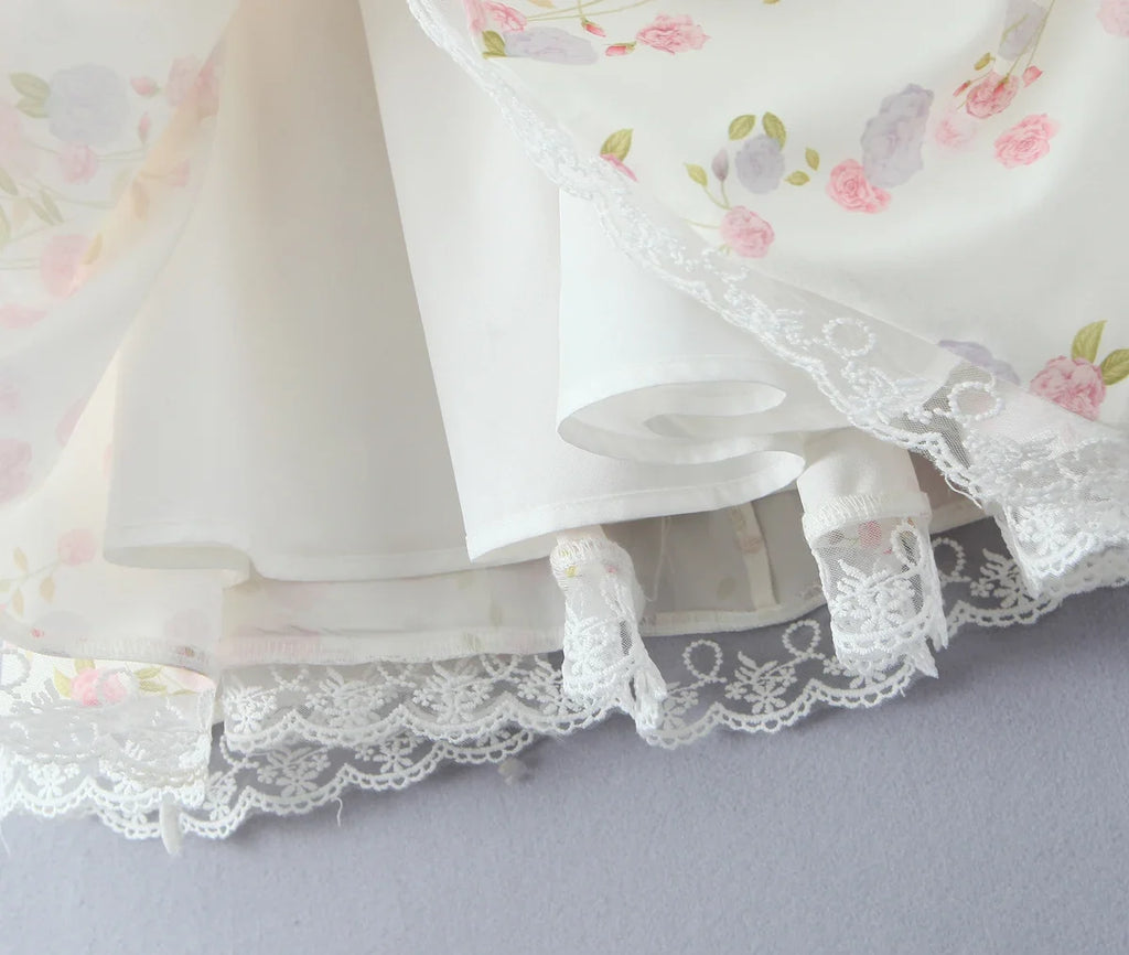 2025 Sexy Floral Print Spliced Lace Collar Corset style Lacing up Sling Dress Women Wood ears Low Waist Swing Mini Dresses Robe