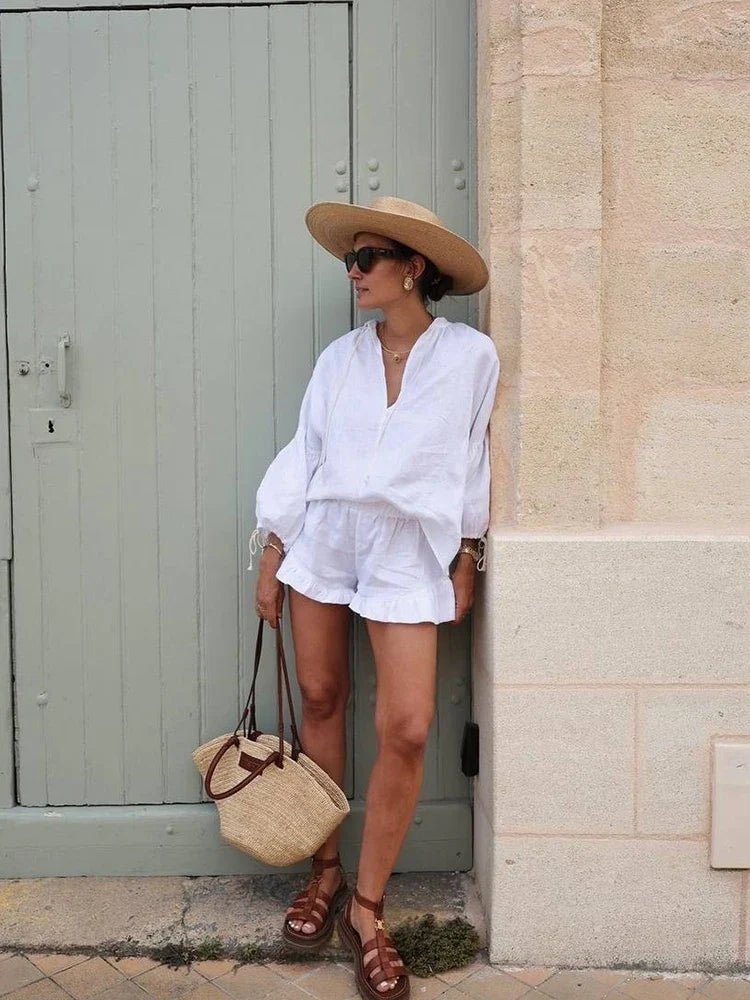 Summer Women's Suit 2-piece Sets For Women Long Puff Sleeves Blouse Loose V-neck Lace Up Summer Outfits Ruffle Shorts Beach Sets