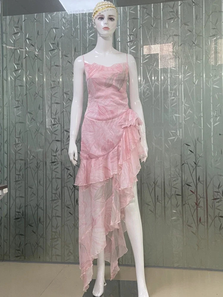 Summer Sexy Spaghetti Strap Printed Ruffles Long Dress Women Pink Sleeveless Backless Flower Dresses Holiday Party Sundress