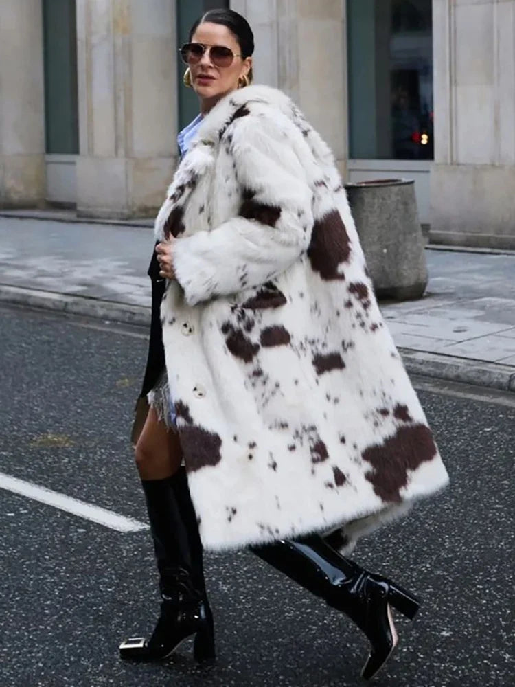 DEAT Fashion Tie Dye Faux Fur Coat Women's Lapel Loose Long Sleeves Plush Thick Overcoat Winter New 7A1355