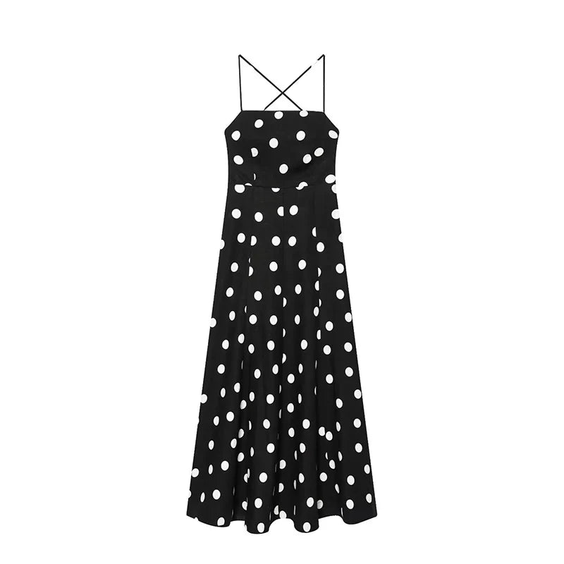 YENKYE 2026 Summer Polka Dot Maxi Dress Women Bandage Back Spaghetti Strap A Line Backless Sundress For Beach Vacation