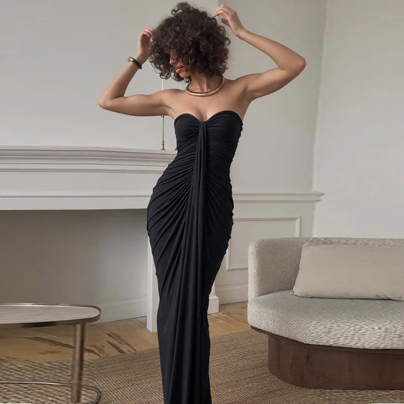 Cryptographic Fashion Ruched Sexy Strapless Dress for Women Solid Elegant Gown Club Party Slinky Maxi Dresses Backless Clothes