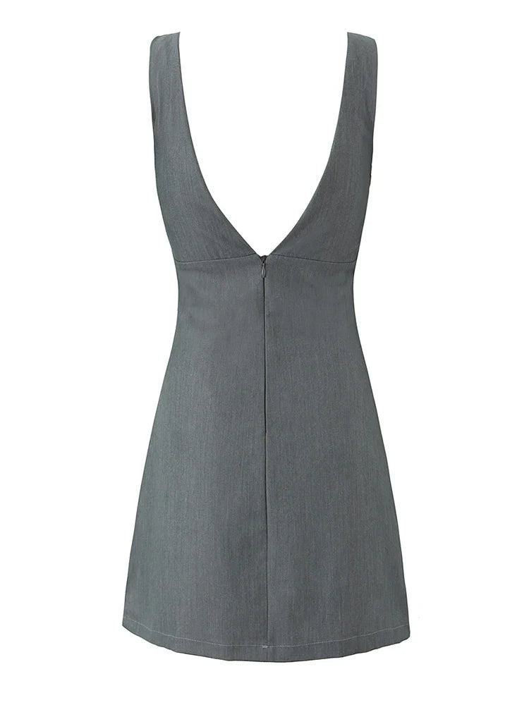 2024 Women Summer Vintage Slim Solid Mini Dress Fashion V-Neck  Sleeveless Backless Female Party Casual Chic Dresses Vestidos