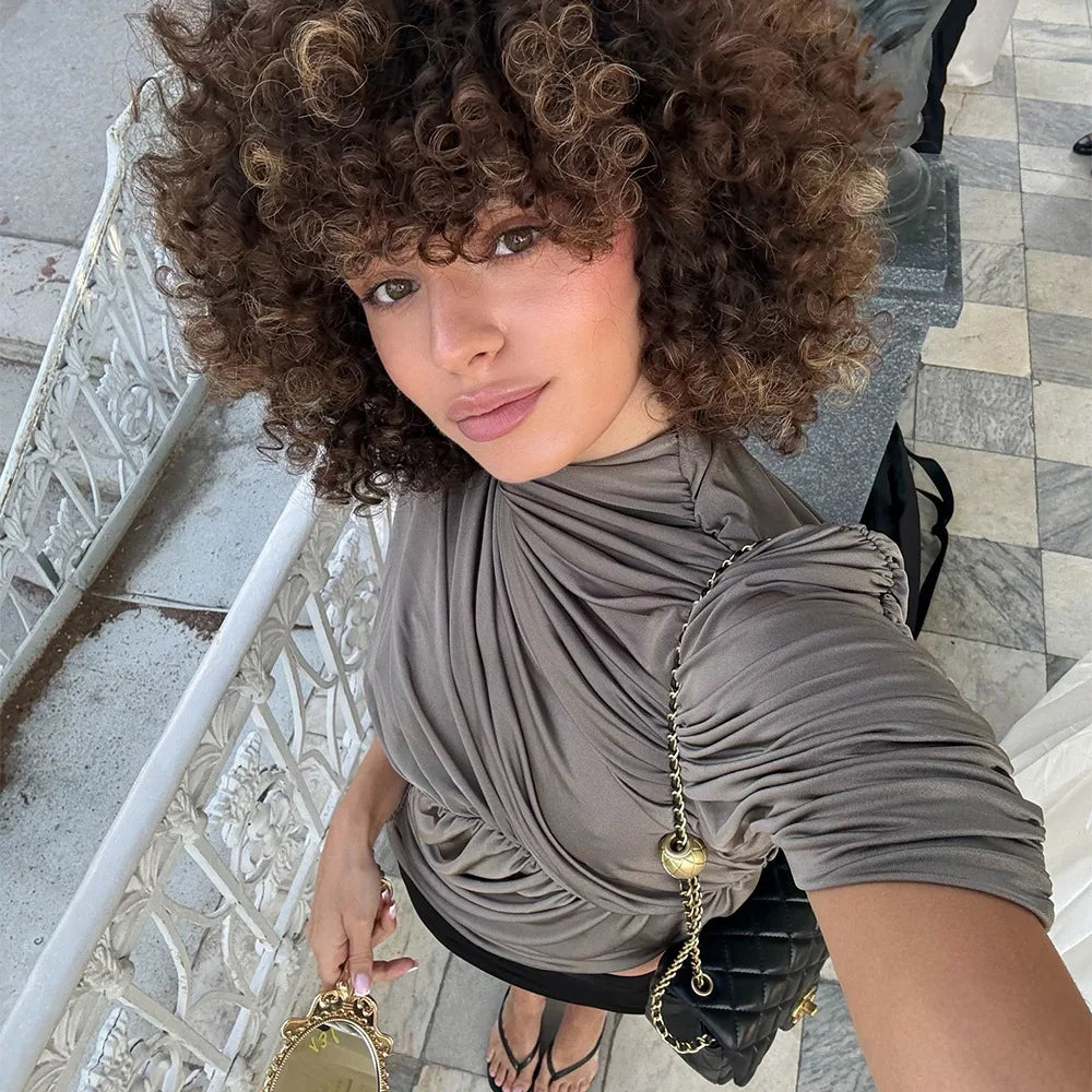 Cryptographic Fashion Ruched Asymmetrical Tops for Women Outfits Sexy Solid Sleeveless Chic Tops T-shirts Slim Summer Clothes