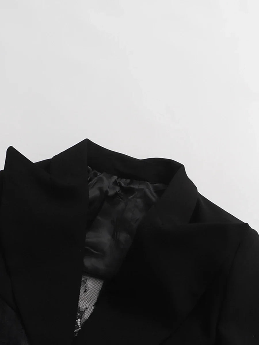 CHICEVER Black Spliced Lace Jacket Female Lapel Long Sleeve Loose Perspective Luxury Women's Jackets Autumn Fashion New Style
