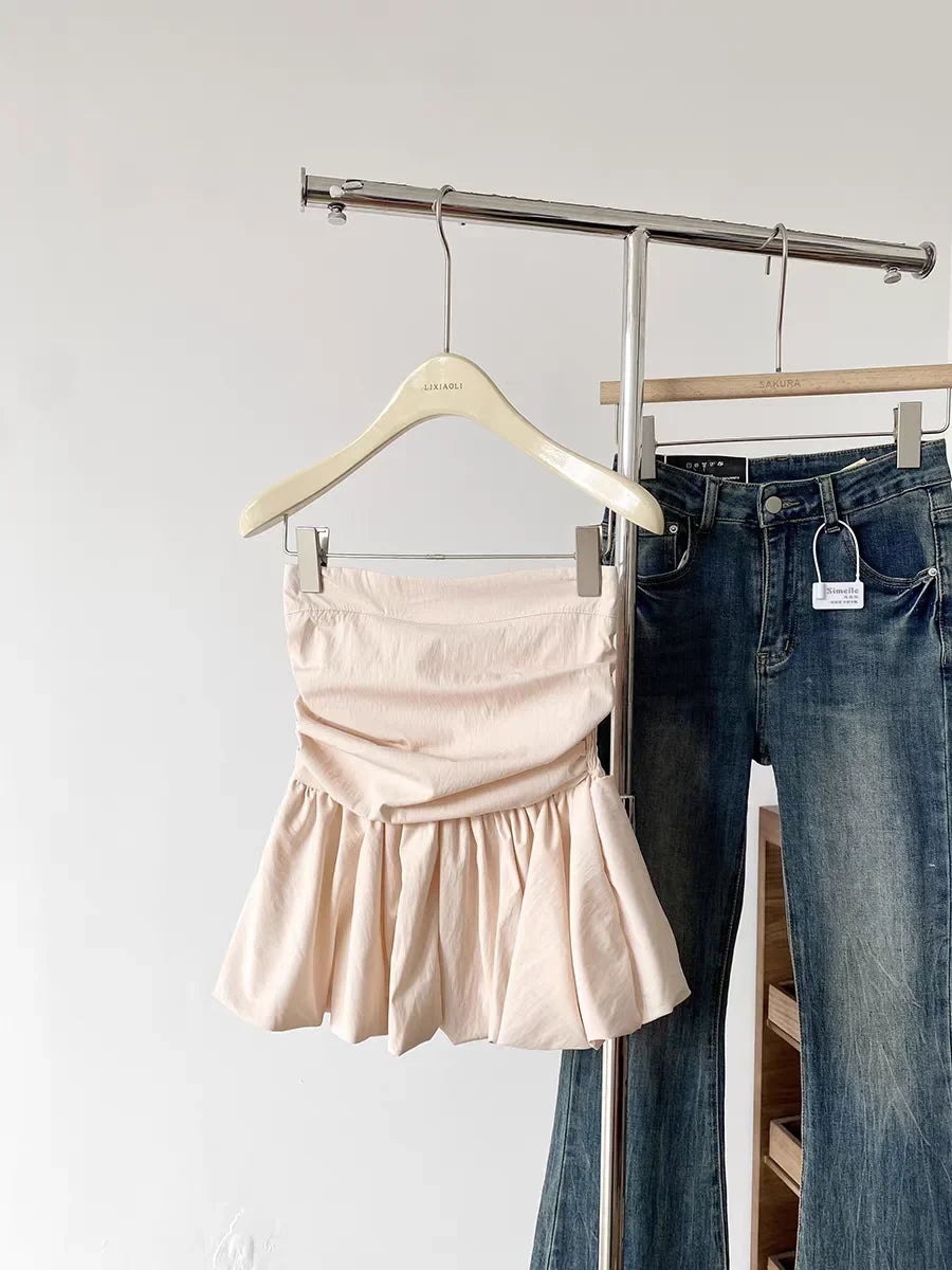 Ruffle Peplum Tube Cami Top: Waist-Cinching Sleeveless Crop Top Korean Style Chic Summer 2025 Bandeau For Petite Girl