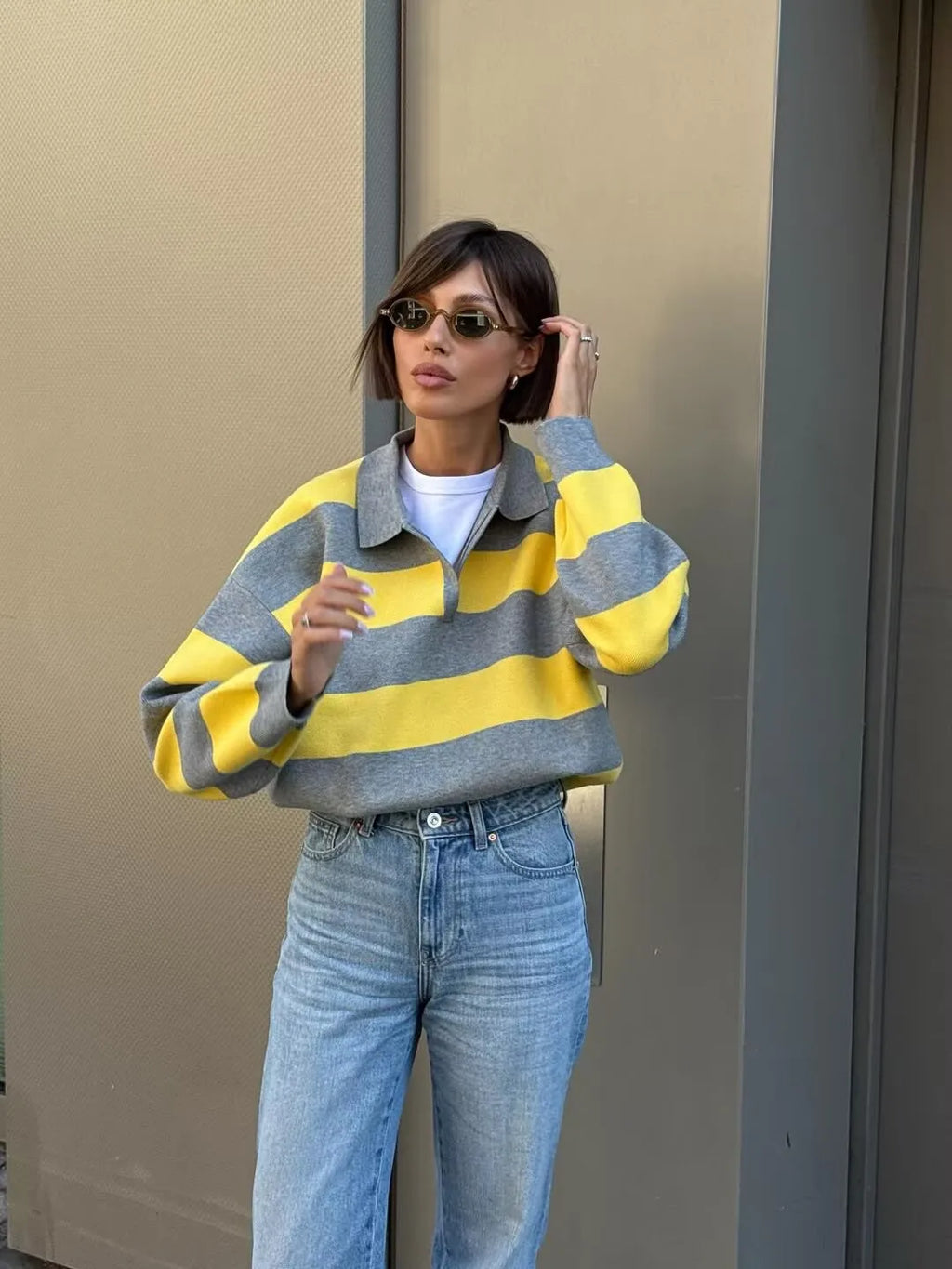 YENKYE 2025 Women Striped Knit Polo Neck Sweater Long Sleeve Casual Loose Autumn Pullover Tops