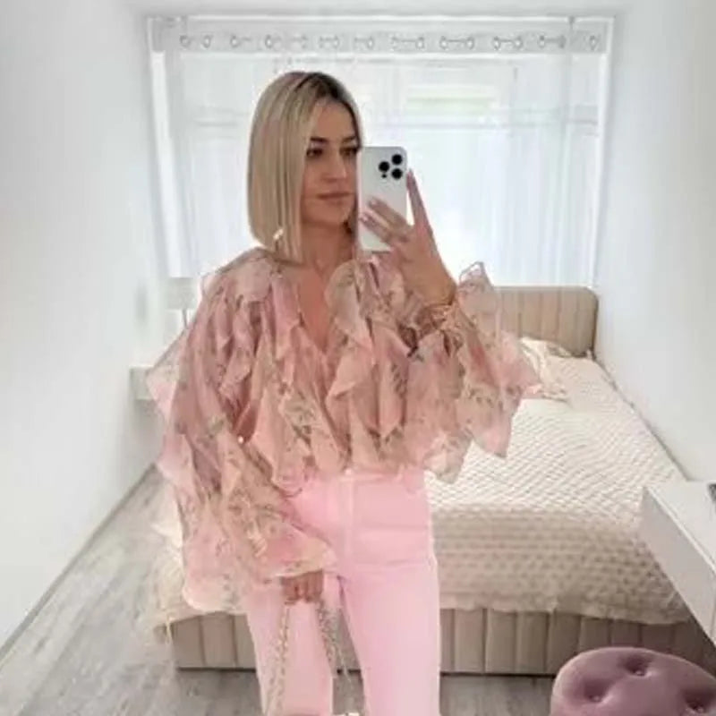 YENKYE Women Elegant Floral Print Chiffon Blouse long Sleeve Lace Up O Neck Cascading Ruffle Summer Lady Shirts Loose Tops