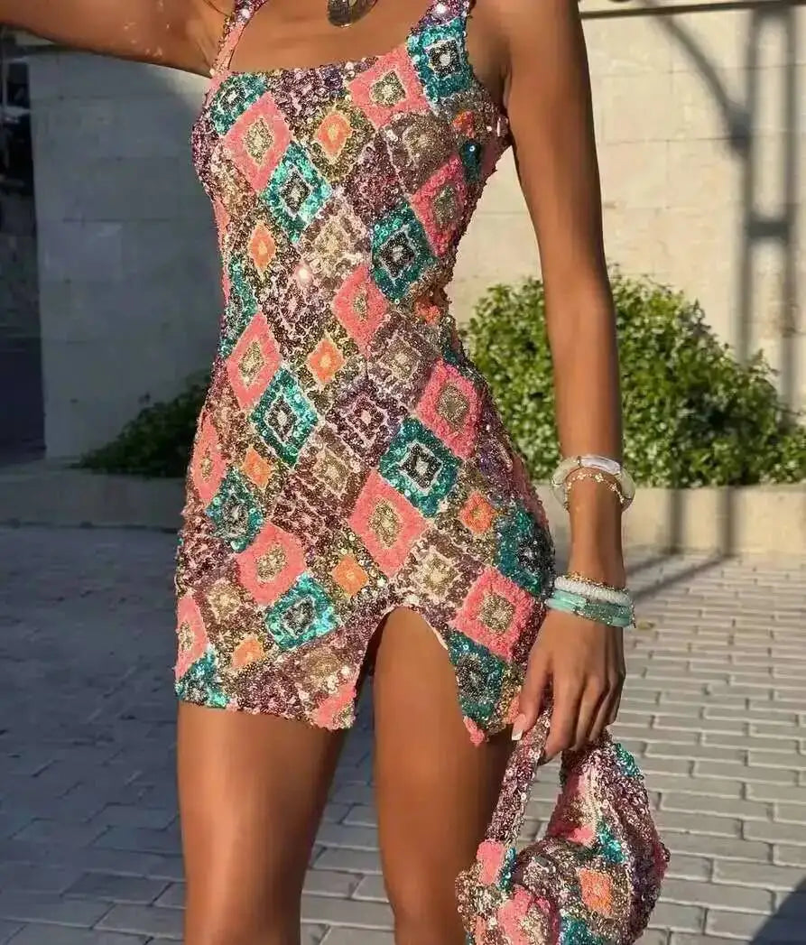 Avrilyaan Colorful Diamond Pattern Sequin Slit Sexy Dress Women 2025 Elegant Party Dress Backless Mini Summer Dress Vestidos