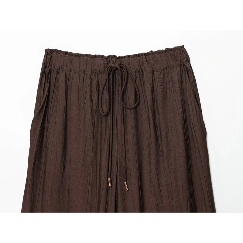 YENKYE Drawstring Elastic High Waist Brown Wide Leg Pants For Women Casual Loose Trousers pantalones de mujer