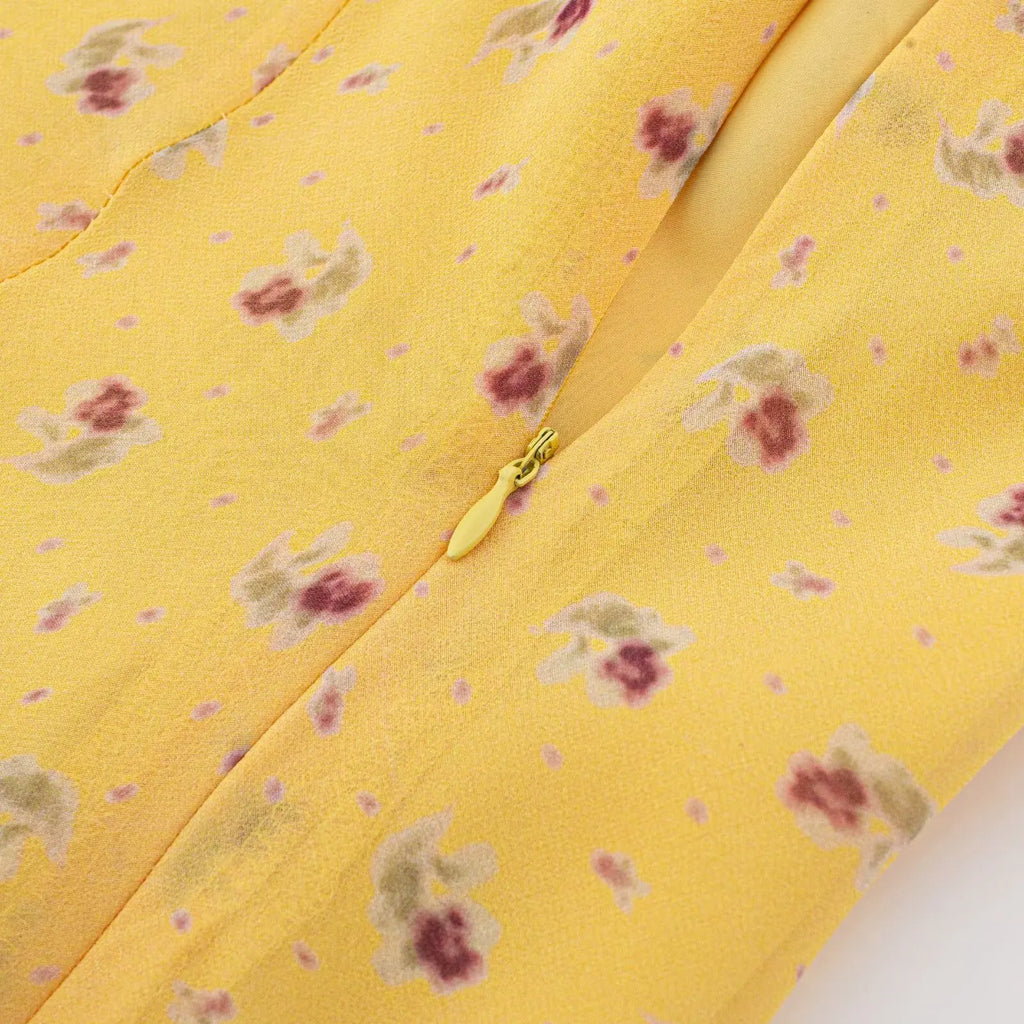 2026 Summer Women Yellow Floral Print V neck Ruffles Strap Sling Dress Slim Waist Side Zipper A-lined Short Tank Dresses Robe