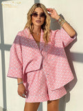 Clacive Fashion Loose Print 2 Piece Sets Women Outfit 2024 Casual Long Sleeve Shirt With High Waist Shorts Set Female Homewear