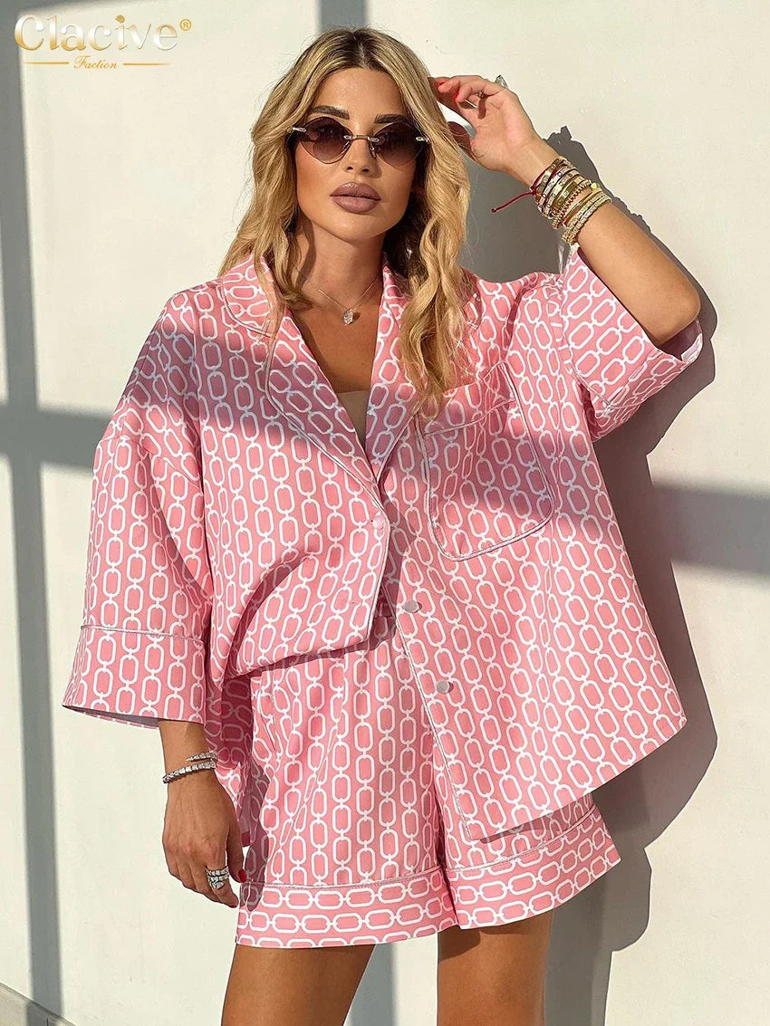 Clacive Fashion Loose Print 2 Piece Sets Women Outfit 2024 Casual Long Sleeve Shirt With High Waist Shorts Set Female Homewear