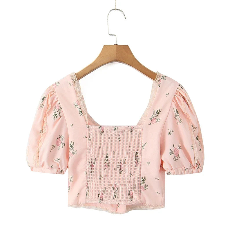 2024 Women Summer Vintage Floral Print Bow Tied Cropped Tank Tops Fashion V-Neck Short Sleeve Female Casual Chic Tops Vestidos