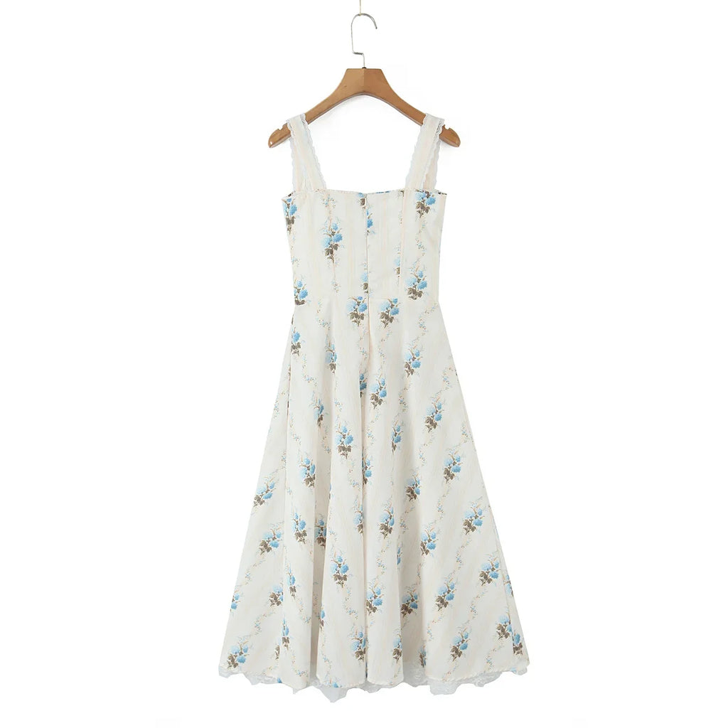 YENKYE New Fashion Women A-line Midi Elegant Party Dresses Sexy Wide Straps Lace Spliced Holiday Summer Floral Print Dress 2025