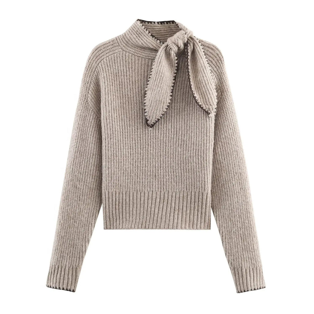 YENKYE High Neck With Bow Knit Pullover Women Long Sleeve Spring 2026 Elegant Sweater Chic Lady Tops