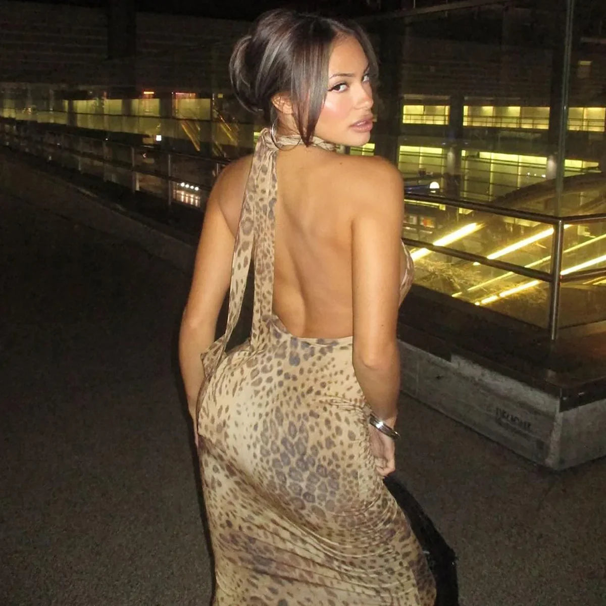 Cryptographic Fashion Halter Leopard Sexy Backless Maxi Dress Women Club Outfits Bandage Embellished Long Dresses Robe Clothes