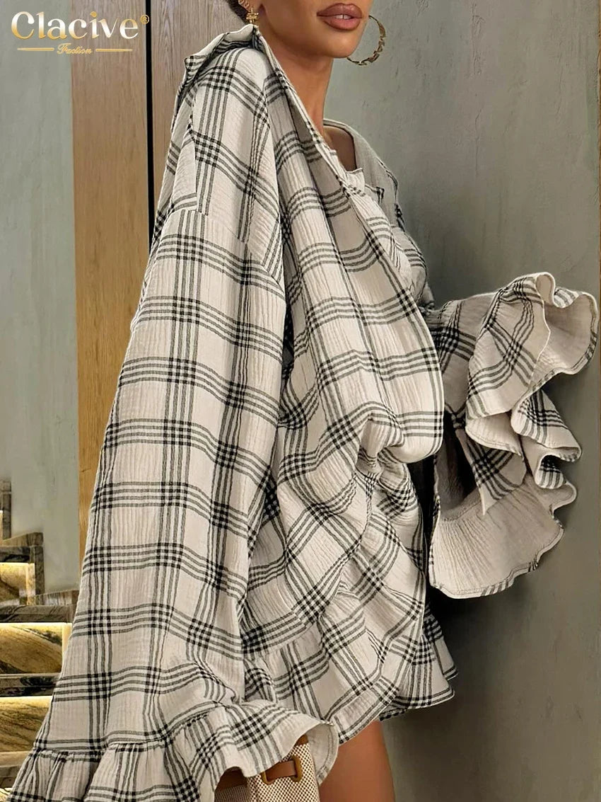 Clacive Fashion Loose Plaid Cotton Shorts Sets For Women 2 Piece Elegant Long Sleeve Shirt + Tube Top With High Waist Shorts Set