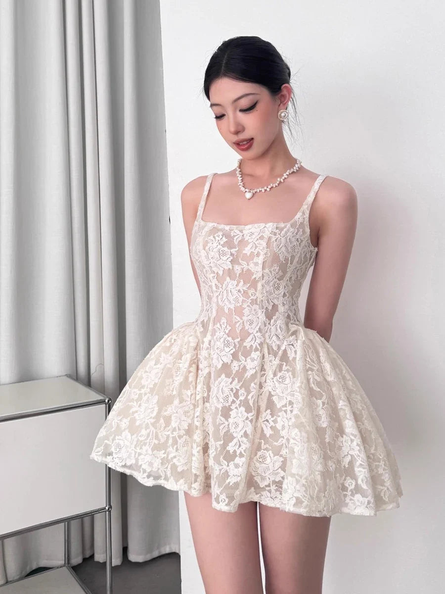 REDDACHiC Medieval Retro Women's Mini Dress Lace Floral Tank Square Neck Puffy Desire One-piece Graduation Party Summer Clothes