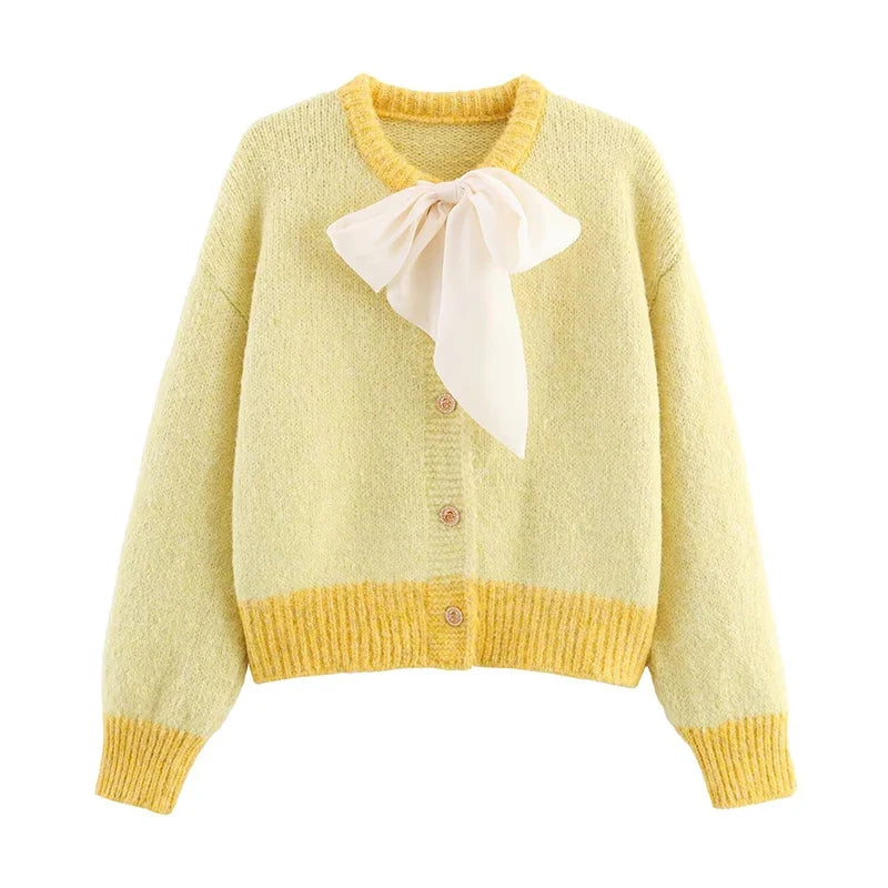 YENKYE 2025 Women Single Breasted Bow Knit Cardigan Long Sleeve O Neck Casual Autumn Outerwear Short Coat