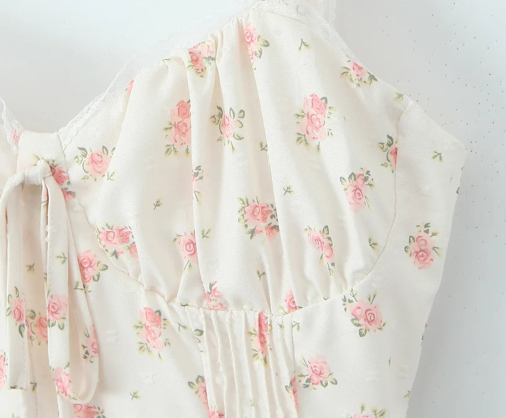 YENKYE Elegant Women Lace Patchwork Floral Print Sling Mini Dress Sleeveless Low Waist A-line Holiday Party Dresses Summer Robe