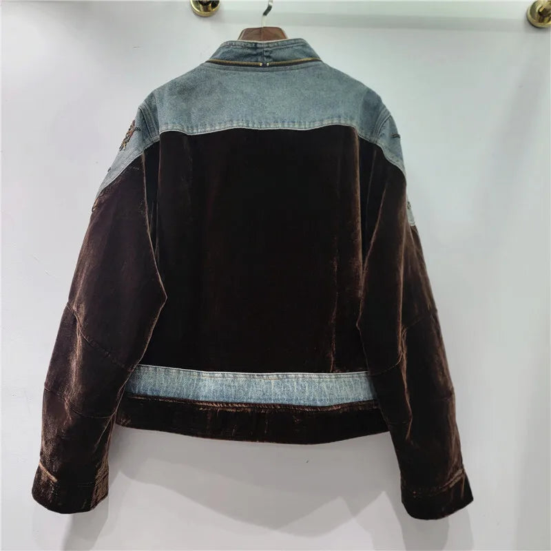 DEAT Women's Coat Patchwork Zipper Denim Velvet Beading Long Sleeve Loose Vintage Jackets 2026 Autumn New Fashion 29A3480