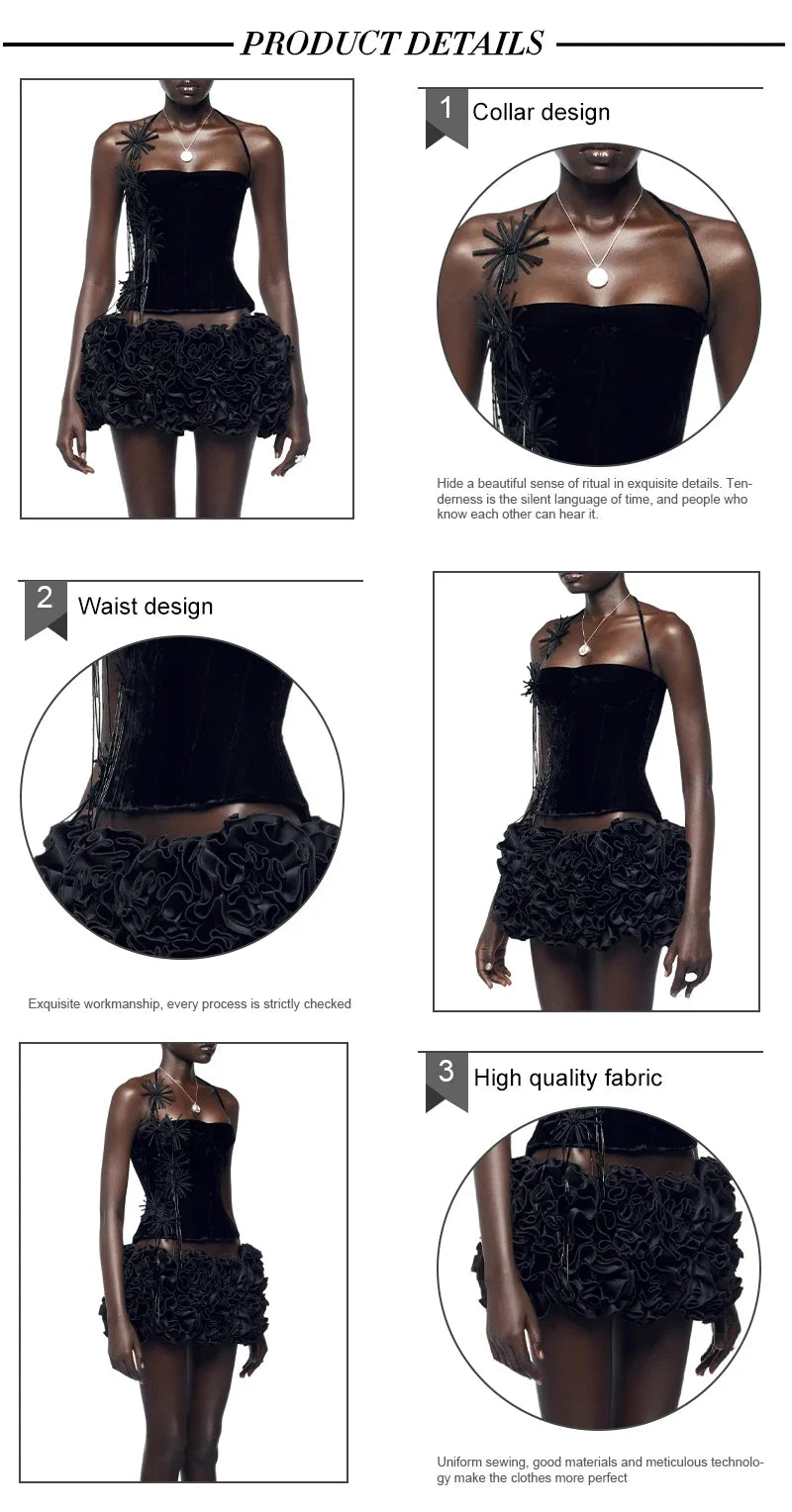 VC Structured Flowers Skirt Two Piece Set Halter Floral Black Red Corset Top With Mini Skirt Lace-up Suit Celebrity Party Wear