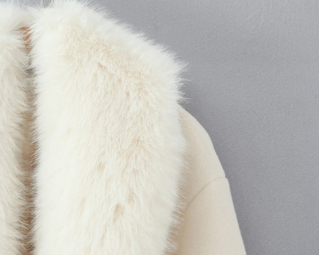 New Autumn Winter Black Shaggy Faux Fur Lapel Collar Woolen Coat Women Bow Sashes Long Sleeve No Button Midi Trench Outerwear