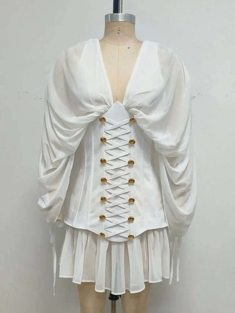 VC Elegant White Corset Mini Dress for Women V-Neck Chiffon Long Sleeve Lace-Up Waist Slim Fit Ruffle Hem Women's Casual Dresses