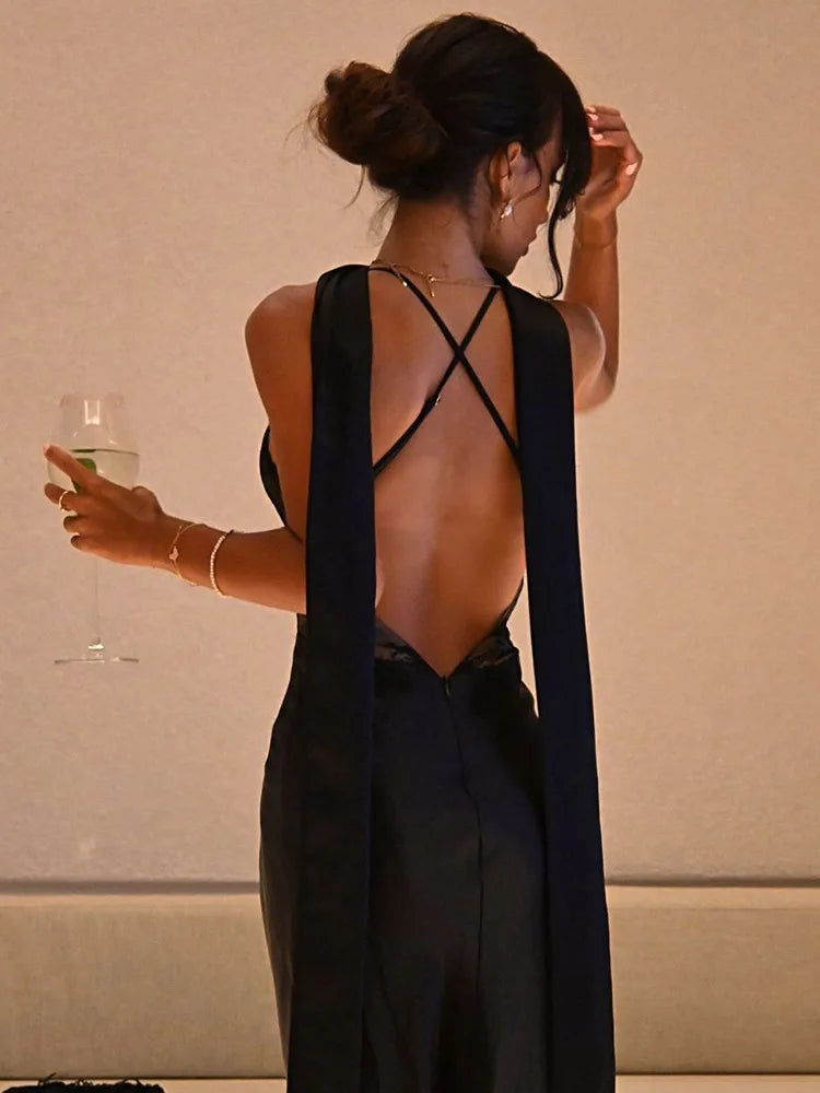 CNYISHE Lace Patchwork Backless Camisole Women Dresses Sleeveless V Neck Outfits Sexy Club Fashion Solid Female Vestidos Robes
