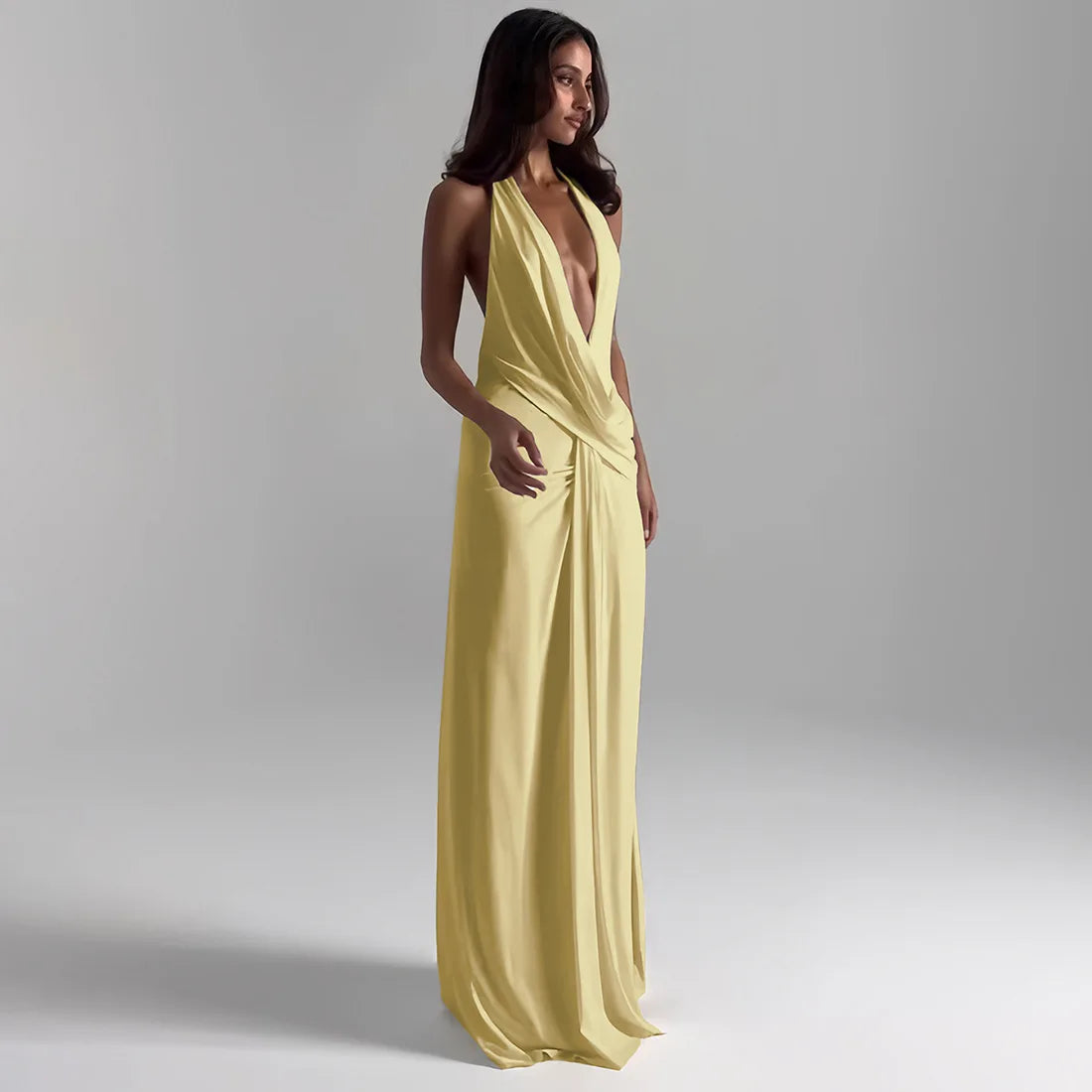 Cryptographic Elegant Halter Draped Ruched Maxi Dress for Women Party Club Outfits Sexy Backless Deep V Neck Split Dresses Gown