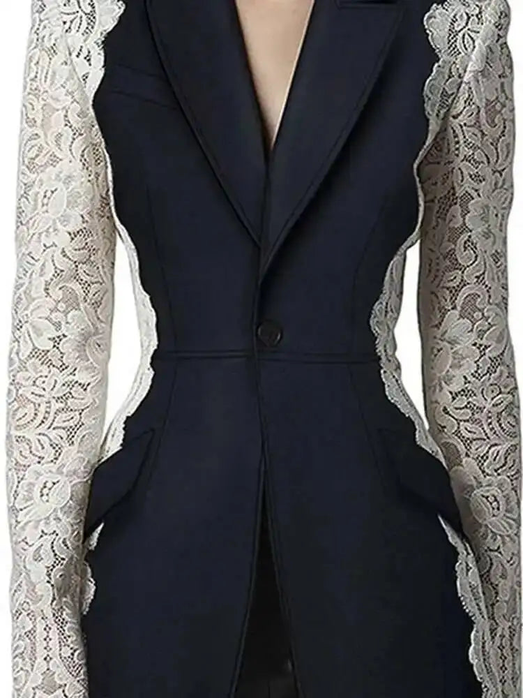 DEAT Fashion Women's Blazer New Fashion Notched Lace Patchwork Long Sleeve Contrast Suit Jackets Female Spring 2025 17A1298