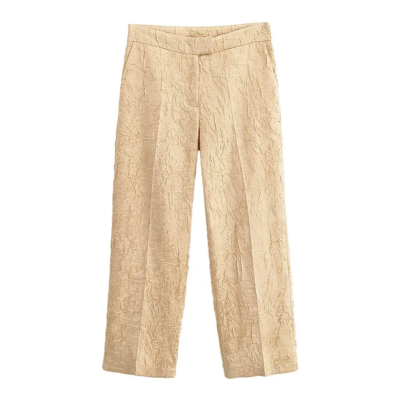 YENKYE New 2025 Women Mid-rise Wrinkled Satin Pants Female Fashion Straight Trousers pantalones de mujer