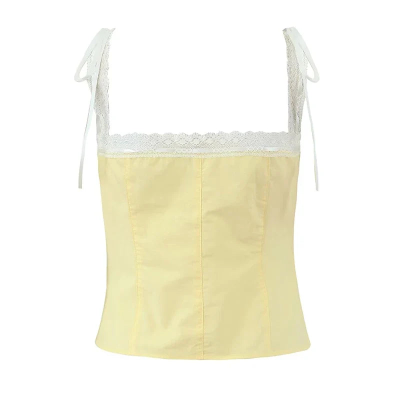 YENKYE New 2025 Women Front Button Lace Spliced Summer Tank Top Sexy Slim Fit Cotton Holiday Crop Top Chic Party Streetwear
