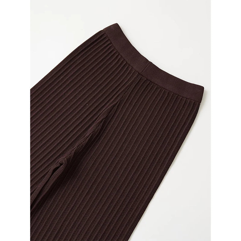 YENKYE New 2025 Women Vintage Elastic High Waist Hollow Out Knit Wide Leg Pants Female Brown Loose Casual Trousers pantalones