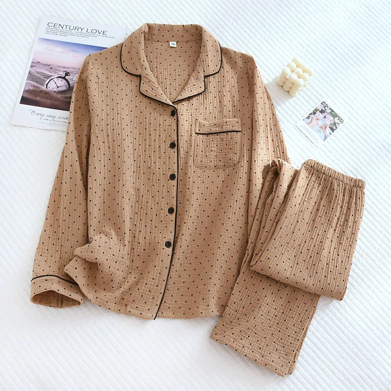 100% Cotton Gauze Women Pajamas Polka Dot Print Sleepwear 2025 Spring Female 2 Piece Set Nightwear Lady Pyjamas Loungewear