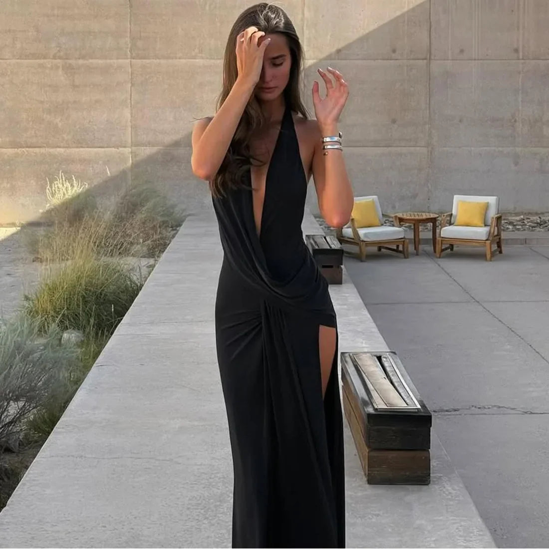 Cryptographic Elegant Halter Draped Ruched Maxi Dress for Women Party Club Outfits Sexy Backless Deep V Neck Split Dresses Gown