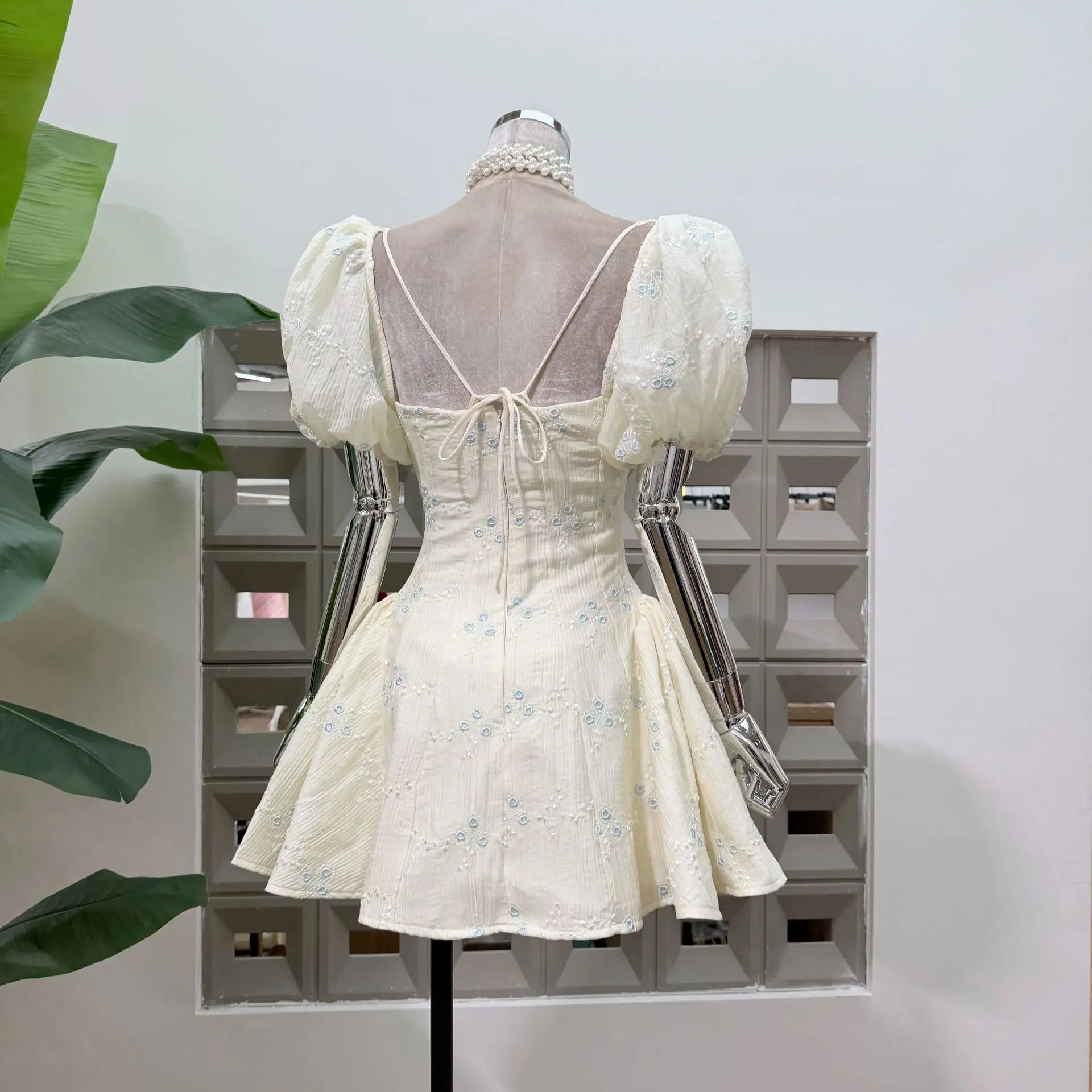 Summer Puff Sleeve Square Neck Corset Mini Dress Floral Embroidery A Line Sexy Party Homecoming Cocktail Women Casual Dresses